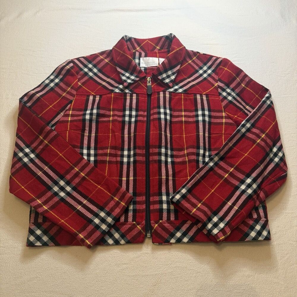 Halmode Petites Red Plaid Zip Up Jacket Size 12 Women’s Casual Business